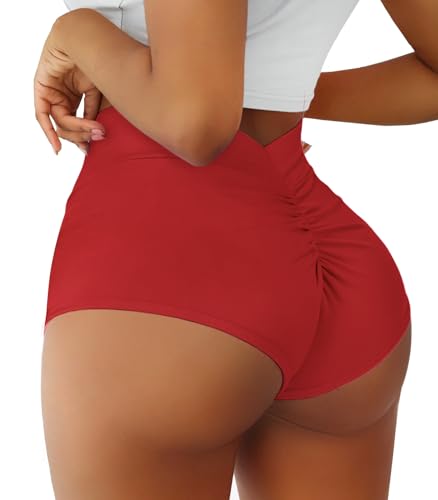 Women's Booty Shorts-High Waist V Back Yoga Shorts- Spandex Dance Hot Pants Butt Lifting Rave Bottoms, Red, L