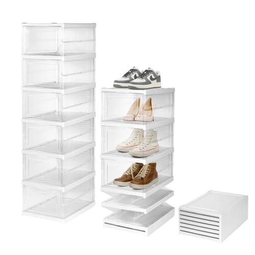Vinteky Cajas de Zapatos, Grupo de 6 Organizadores de Almacenamiento, Cajas Zapatos Transparente, Caja Zapatero Plástico Plegable y Apilable (Transparente)