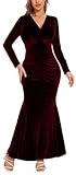 Formal Long Sleeve Velvet Gowns for Women Elegant Ruched Burgundy Evening Party Dresses Sexy Bodycon V-Neck Mermaid Dress with Back Zipper