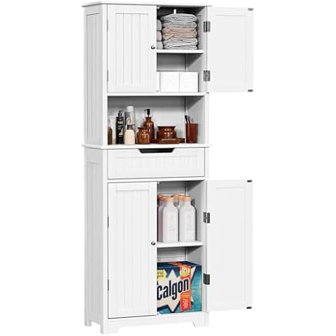 VVFLU Bathroom Storage Cabinet Tall, 72 inch Kitchen Pantry Storage Cabinet, Linen Cabinet Freestanding with 4 Doors, 1 Drawer, Shelves, for Bathroom, Living Room, Modern White Cover