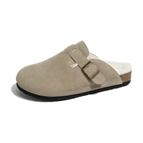 EUFANCE Women's Fur Lined Suede Clogs Fuzzy Cork Footbed On Winter(Light Gray,8.5) Cover
