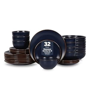 Stone Lain Brasa Modern Stoneware 32 Piece Dinnerware Sets, Plates and bowls Sets, Dish Set for 8, Blue