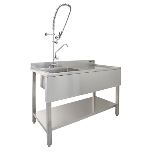 Évier Cuisine Commercial en Acier Inoxydable & Robinet de Pré-rinçage - Drainage Egouttoir à Droite- Parfait pour Restaurants, Cantines, ... [Bouchons & Microfibres...