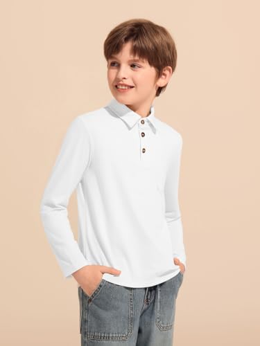 Image of Haloumoning Boys Long Sleeve Polo Shirts Kids Casual Button School Uniform Shirts with Chest Pocket 5-14 Years