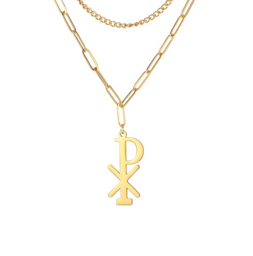 Collar de cristograma con cruz Chi Rho para mujeres y hombres de acero inoxidable Nombre de Jesucristo Símbolo Alfa Omega Sacramental IXCI NIKA Colgante Joyería religiosa Amuleto cristiano