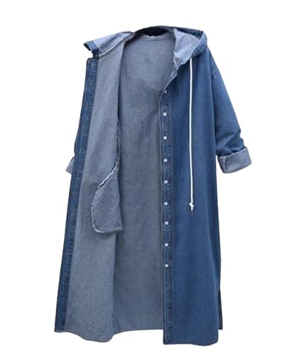 Raboolion Women's Long Denim Hooded Jacket Oversized Drawstring Button Trench Jean Jacket Coat4