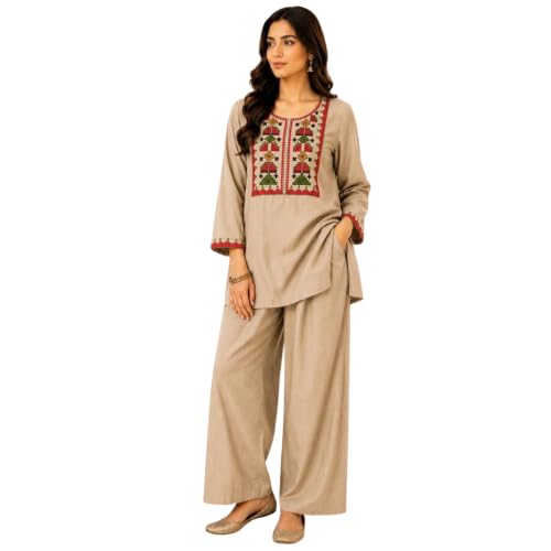 Image of Women's Embroidered Kurta Palazzo Set | Ethnic Co-Ord Set with Printed Design | Casual Traditional Outfit.