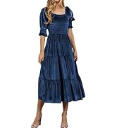 R.Vivimos Womens Fall Winter Velvet Dress Puff Sleeve Square Neck Smocked Tiered Ruffle A-Line Fl...
