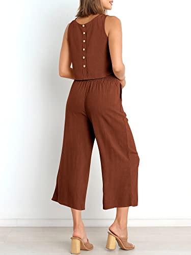Image of ANRABESS Women's Summer 2 Piece Outfits Sleeveless Tank Crop Button Back Top Cropped Wide Leg Pants Set Pockets