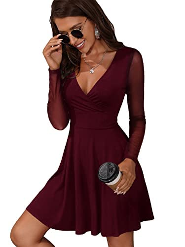 GORGLITTER Damen Netz Ärmel Kleider A Linie Tief V-Ausschnitt Elegant...