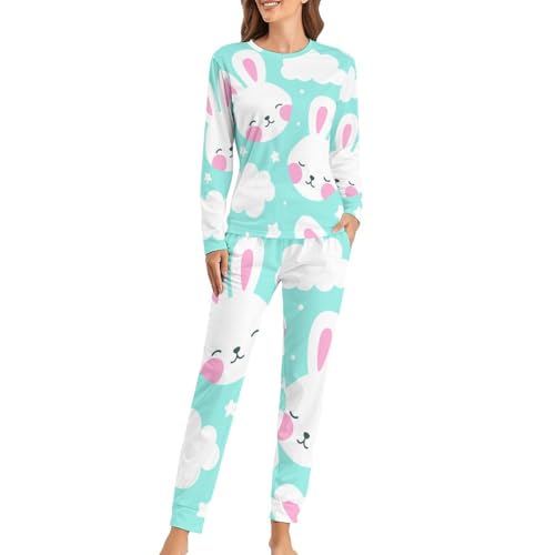 Pyjama Femme Lapins Mignons Contre le Froid Nocturne en Coton Doux