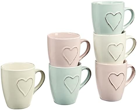 6 Piece Country Kitchen Pastel Heart Mug Set  10oz/300ml Dishwasher & Microwave Safe Ceramic Stoneware Tea, Coffee & Hot Chocolate Mugs  Pink, Mint & Oatmeal Colour Glazed Drinking Cups