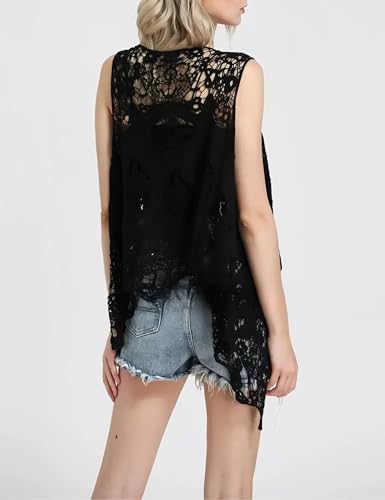 Image of Women's Floral Crochet Vest Hollow Out Open Front Vintage Boho Lace Button Sleeveless Crochet Cardigan