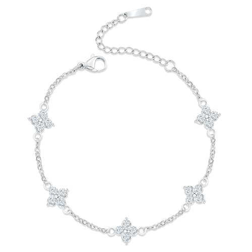 Dainty Clover Bracelet for Women | 18K Gold Plated Cubic Zirconia Link Bracelet | 4 Leaf Lucky Jewelry Gift for Her