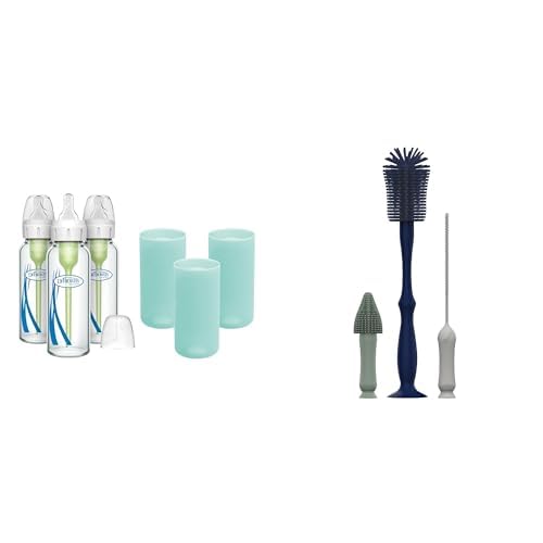 Dr. Brown's Anti-Colic Options+ Narrow Glass Baby Bottles 8oz and Level 1 Slow Flow Nipple, 3-Pack 0m+ and Mint Silicone Sleeves and Silicone Cleaning Brush Set (Bottle, Spout, Straw Brush)