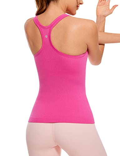 Crz Yoga Womens Seamless Ribbed Racerback Tank Tops With Built In Bra - Padded Scoop Neck Slimming Athletic Long Camisole Hibiscus Purple Medium #TOP11