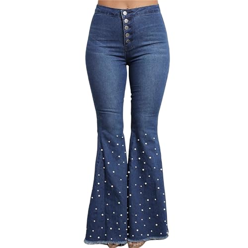 Smoneyful Bell Bottoms Jeans for Women Beaded Denim Bell Bottom Pants High Waisted Flared Jeans High Rise Trendy Denim Pants