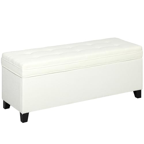 HOMCOM Banc de Rangement 112L Banquette Bout de lit Coffre de Rangement avec siège capitonné, Tissu de Lin, pour Salon, Chambre, entrée, 120 x 40 x 48 cm,...