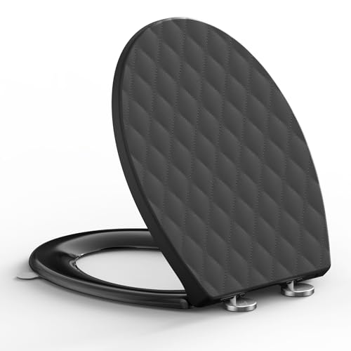 SREWOHS PRO Abattant WC Forme O avec Frein de Chute Noir, Siège WC Motif Losange, Couvercle WC Amovible Quick Release, Fixation par le Dessus, Gabarit d'installation...