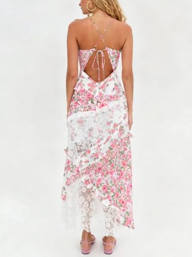 Image of Women Y2k Floral Smocked Maxi Dress Bow Tie Shoulder Tiered Ruffle Midi Sun Dress Boho Casual Beach Long Dresses