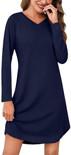 Marvmys Nachthemd Damen Schlafshirt Langarm V-Ausschnitt | Sleepshirt Damen Winter Nachtwäsche Schlafkleid S-3XL