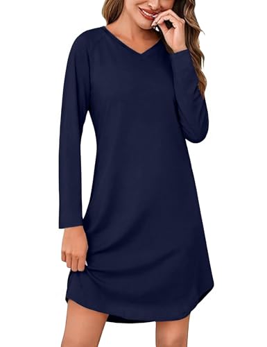 Marvmys Women’s Nightdresses Soft Cotton Nightshirt Long Sleeve V Neck Loose Nighties Sleep Dress Sleepwear Navy Blue