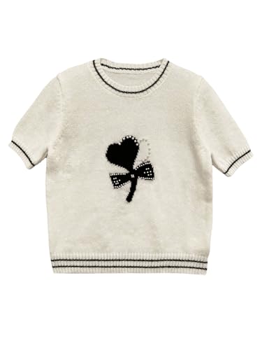 MakeMeChic Women's Contrast Binding Heart Pearls Sweater Crew Neck Short Sleeve Knit Pullover Top