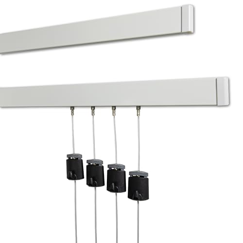 AS Hanging 8ft Gallery & Picture Rail System Set (2x4ft Rails) Matte White Aluminum & 4 Nylon Wires | 15lb Max Load per Cable | Wall Hanging Hardware for Home & Office