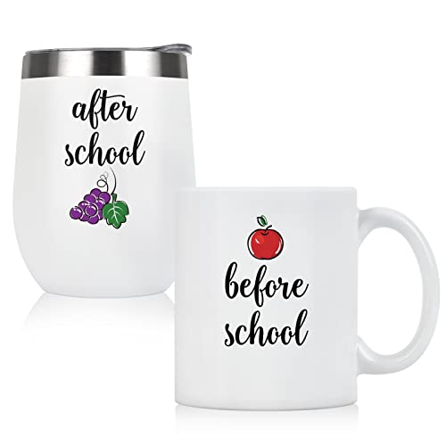 Teacher Gift, Before School After School Teacher Coffee Mug and Wine Tumbler Set, Thank You Appreciation Gift for Teacher Professor Teaching Assistant, 12 Oz Stainless Steel Tumbler 11 Oz Coffee Mug