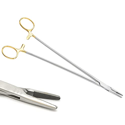 Image of 10 Inch TC Mayo Hegar Needle Holder Driver with Tungsten Carbide Inserts and Gold Rings Premium Grade Instrument