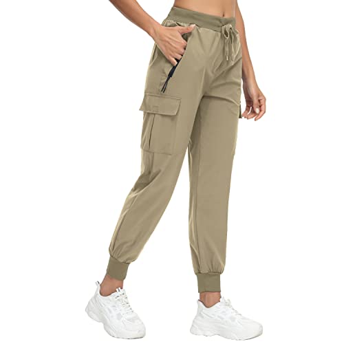 Women's Cargo Joggers Hiking Pants Lightweight Quick Dry with Zipper Pockets High Waist Athletic Travel Khaki