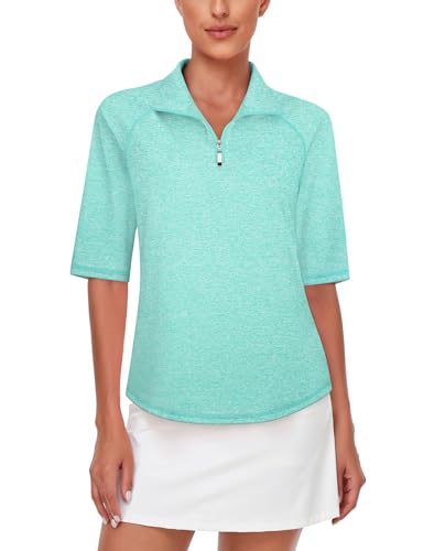Misyula Style Golf Shirt Women Short Sleeve Quick Dry 1/4 Zip Golf Tennis Shirts Sun Protection Cool Activewear Casual Outdoor Travel Compression Hiking Pickleball Workout Tops,Light Green,M