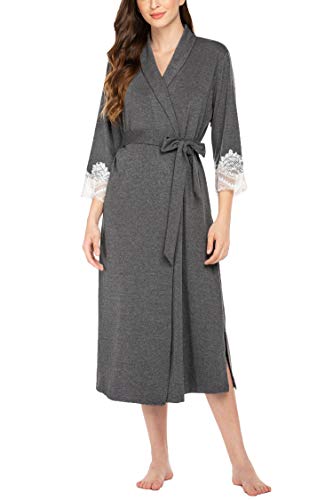 Ekouaer Women Kimono Robes Cotton Long Robe Knit Bathrobe Soft Sleepwear V-Neck Ladies Loungewear (Grey,Medium)