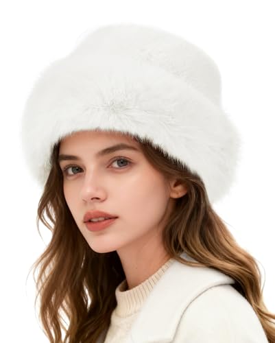 Zando Fuzzy Winter Bucket Hats for Woman - Soft Warm Furry Faux Fur Hat Fashion Adjustable White Bucket Hats Cute Fluffy Fisherman Cap for Outdoor Travel Holiday Christmas Party Rave Wear One Size