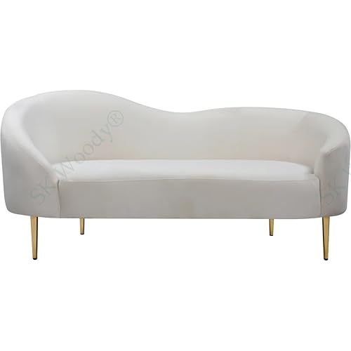 Image of Rosewood Luxury Curved Sofa in Premium Velvet-Fabric | Solid Wood Structure | High Density Foam | Sturdy Golden Legs | Comfortable & Stylish Couch for Modern Living Room (Cream, 2 Seater)