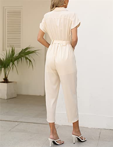 Jasambac Women Short Sleeve V Neck Button Belted Wide Leg Jumpsuits With Pockets 2023 Summer, S-Xxl #TOP4