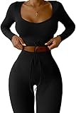 QINSEN Yoga Outfit for Women Seamless 2 Piece Winter Workout Crop Tops Tie Front High Waist Leggings Sets Black S