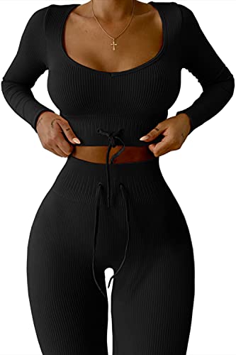 QINSEN Yoga Outfit for Women Seamless 2 Piece Winter Workout Crop Tops Tie Front High Waist Leggings Sets Black S