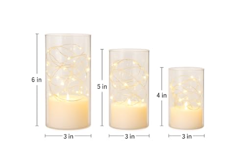 Image of LED Flameless Candles with Warm White Fairy Lights in Glass Cylinder, Battery Operated, Realistic Flickering Effect, Decorative Lights for Bedroom, Living Room, Wedding & Home Decor (Set of 3)
