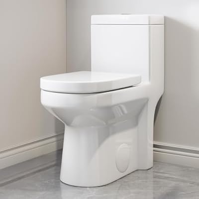 Compact One Piece Toilet for Bathroom, Space-Saving Powerful Dual Flush Round Small Toilet, Average 1.28 GPF, Skirted Toilet with Upgraded UF Quiet & Soft Close Seat (10" Rough-in Toilet)