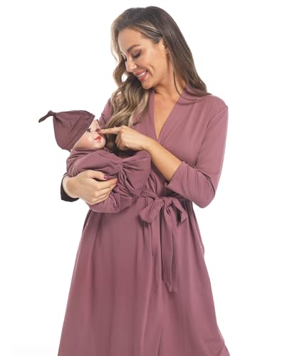 Image of WINROLA Maternity Robe with Matching Swaddle Set Girls Boys, Mommy Me Robe Set Soft Elastic Women Robes