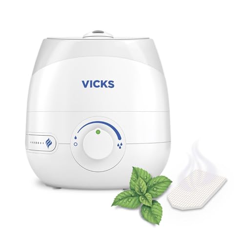 Vicks Mini Cool Mist Humidificador ultrasónico, Control de vapor ajustable, Tanque de 1.8 l, Uso doméstico en dormitorios y oficinas, Habitaciones de hasta 15 m², 2 VapoPads incluídos, VUL525