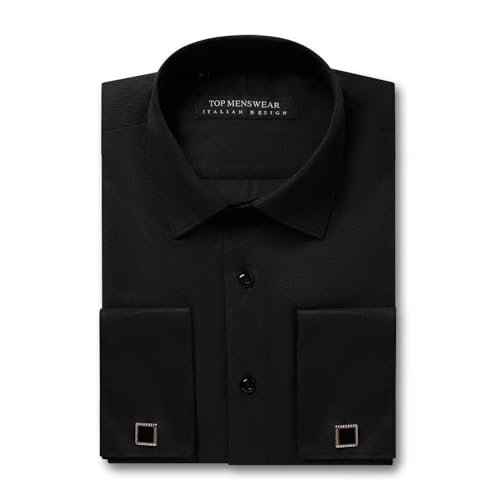 Top Chemise habillée à double manchette pour homme, coupe ajustée, avec boutons de manchette en métal, bleu layette, manches longues, Noir , L