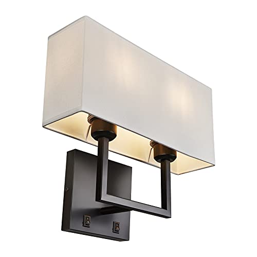 Image of Modern Transitional 2-Lights Hardwired Double Wall Sconce with Switch and Square White Fabric Shade,Nightstand Reading Wall Mount Light for Bedroom