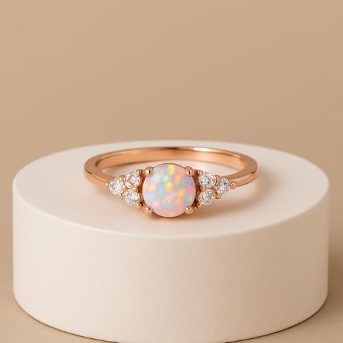 Natural Fire Opal Ring, 925 Sterling Silver Rose Gold Plated, 9x7mm Pink Opal, Wedding Engagement Ring, Promise Ring for Women Birthday, Anniversary Jewelry Gift for Her2