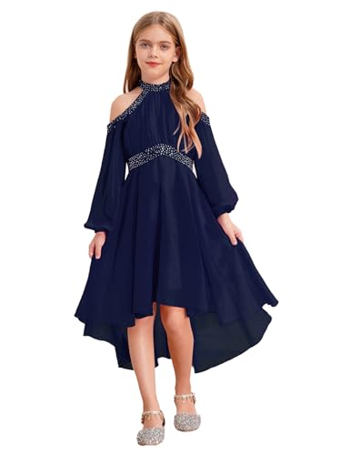 Agoky Robe De Soirée Cocktail Épaule Dénudée Enfant Fille Robe Demoiselle d'honneur Mariage Tenue De Baptême Cérémonie Fête 3-16 Ans Bleu Marine 13-14 Ans