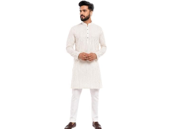 Men's White Striped Kurta Pyjama Set, Full Sleeve,MAIDAN COLLAR (M)-image-13