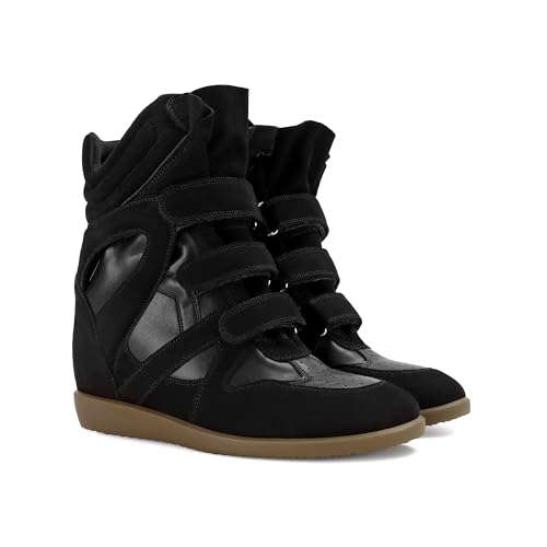 Image of Wedge Sneakers for Women Heels Suede Hook and Loop High Heel Tennis Round Toe Triple Strappy Band Casual Vintage Fashion Dressy Comfy Campus Trendy Retro Sneaker