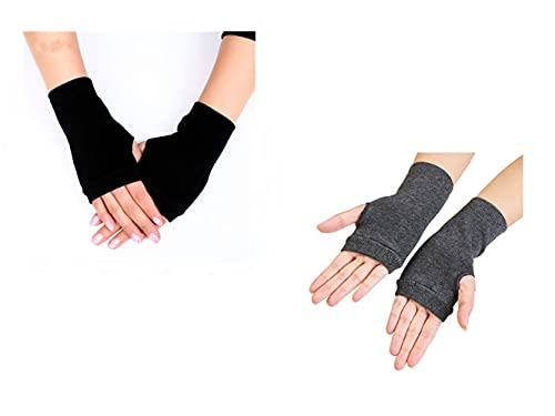 2 Pares de Guantes de Invierno Muñeca sin Dedos Estilo de Cachemira con Orificio para Pulgar Guantes Cálidos de Cachemira Unisexes (Negro y Gris) Cover