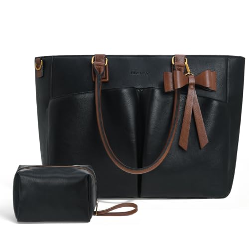 Image of Laptop Tote Bag for Women, Leather Work Tote with Padded Laptop Compartment, Cup Holder, Office Computer Briefcase